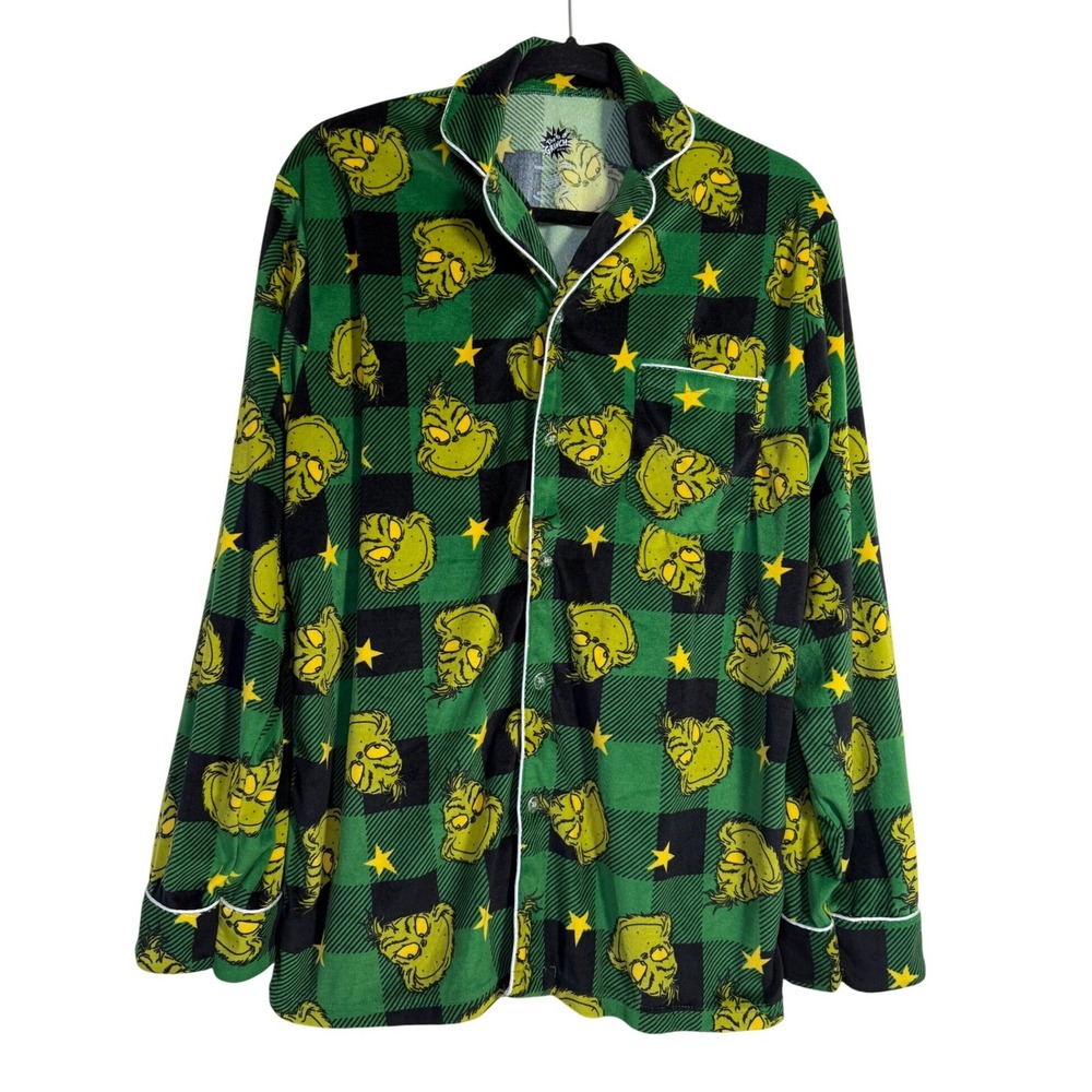 The Grinch‎ Dr Seuss Plaid Pajama Top Long Sleeve Button Up Loungewear Women's M